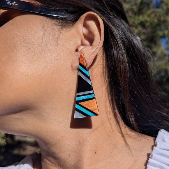 Native American Mosaic Dangle Earrings Handmade Inlay Jewelry Museum Quality** - Picture 8 of 10